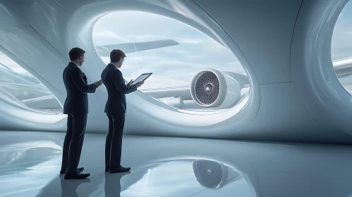 Engineers Analyzing Aircraft in Futuristic Terminal