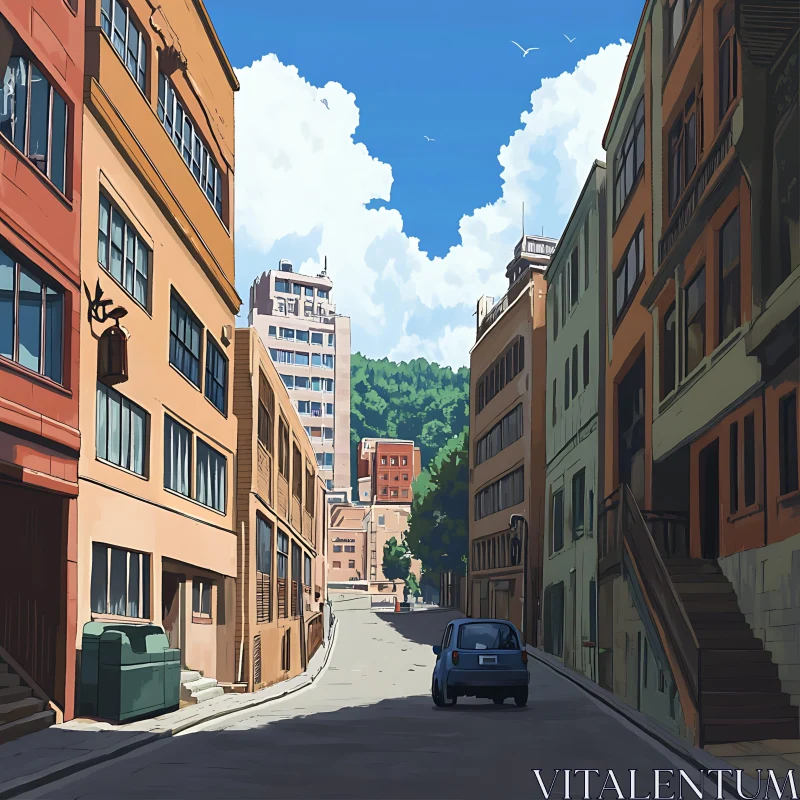 Anime Urban Street with Blue Sky and Hills AI Image