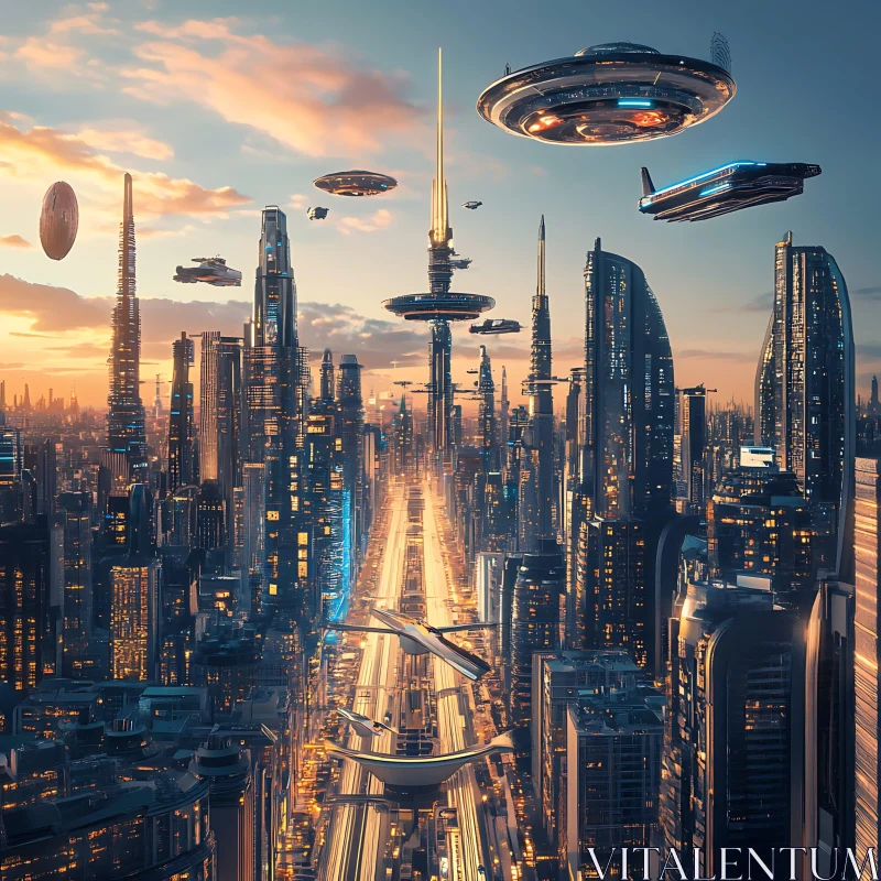 Future Metropolis Skyline at Sunset AI Image