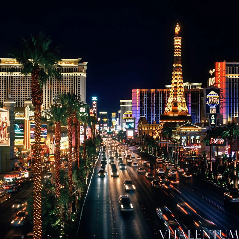 Illuminated Las Vegas Street at Night AI Image