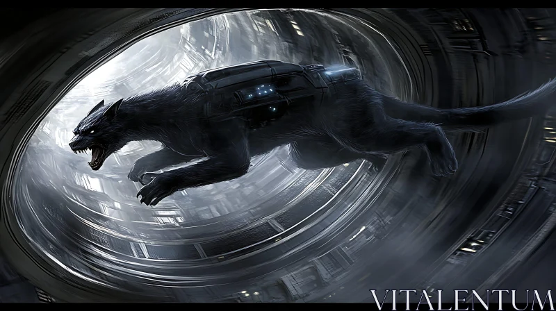 Advanced Sci-Fi Creature Leaping Through Industrial Tunnel AI Image