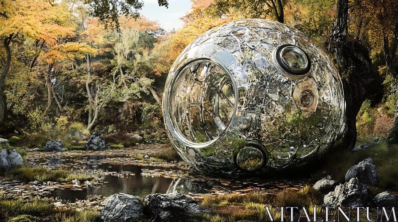 Glass Orb in Serene Fall Woods AI Image