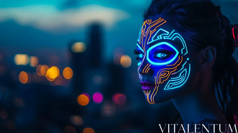 Futuristic Neon Facial Art in Night Cityscape AI Image