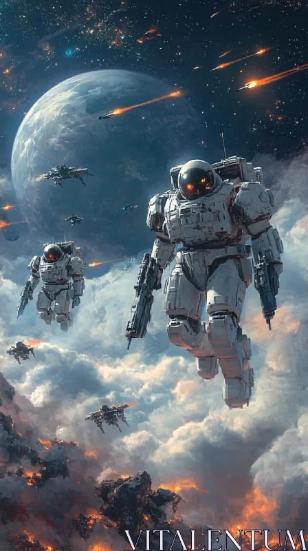 Armored Soldiers in Fiery Space Battle AI Image