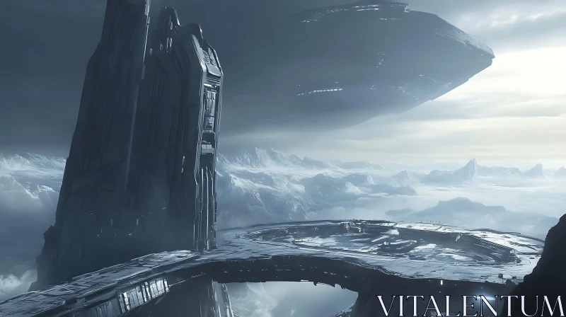 Alien Monolith and UFO in Sci-Fi Snowy Landscape AI Image