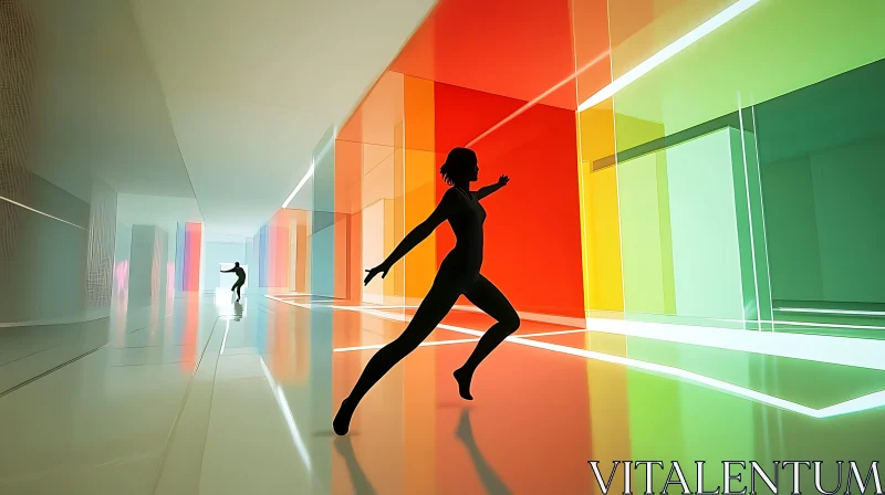 AI ART Futuristic Corridor with Silhouettes and Geometric Colors