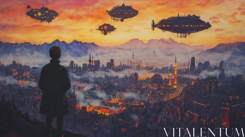 AI ART A Glimpse into a Futuristic City: Hovering Airships and Illuminated Skyline