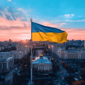 City and Flag at Sunset