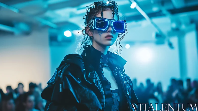 Runway Fashion: Futuristic Neon Glasses and Black Avant-Garde Outfit AI Image