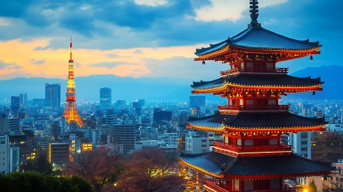 Japanese Pagoda and Tokyo Tower at Dusk