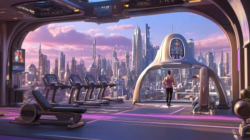 High-Tech Gym Overlooking a Futuristic Cityscape