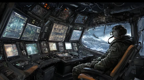 Pilot in High-Tech Command Center Overlooking Outer Space