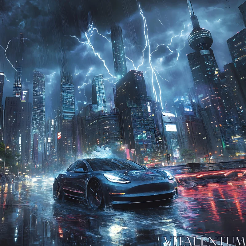 Futuristic Cityscape with Lightning and Modern Car AI Image