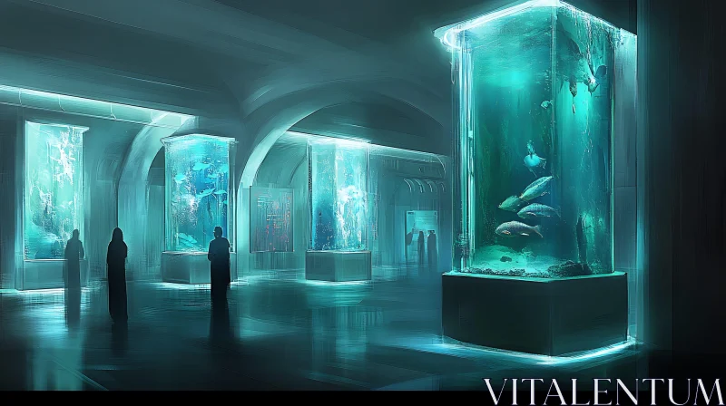 Modern Aquarium with Blue Lit Exhibits AI Image