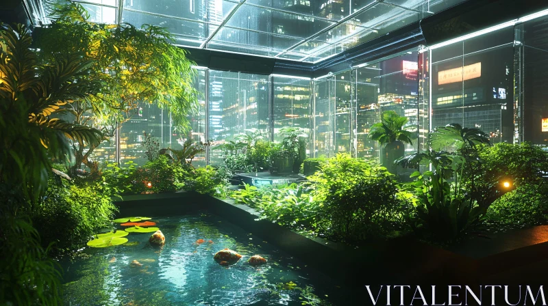 Serene Interior Urban Greenhouse at Night AI Image