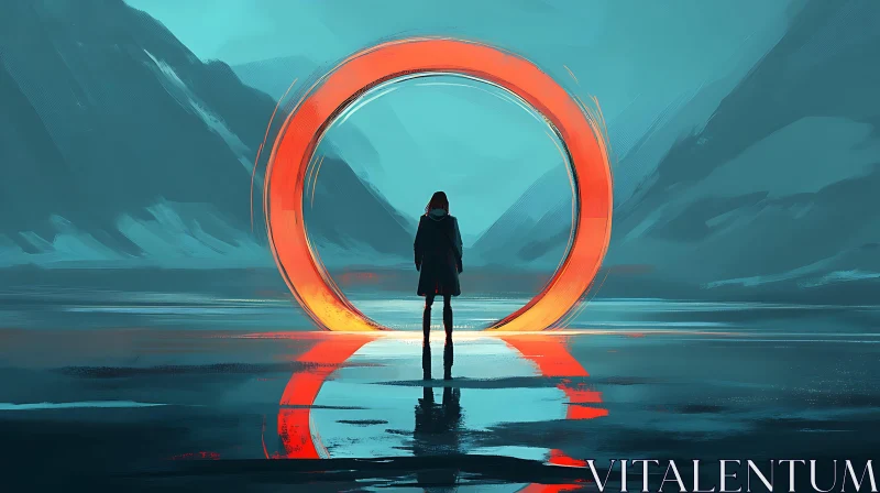 AI ART Mystical Scene with Reflective Portal and Figure