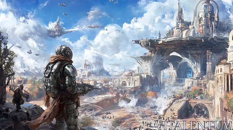 Advanced Metropolis with Lone Soldier and Flying Vehicles AI Image