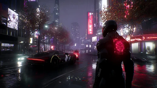 Cyberpunk Night Scene with Robot and Advanced Cars