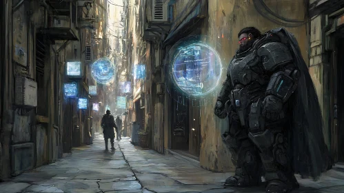 Cyberpunk Alley with High-Tech Armor