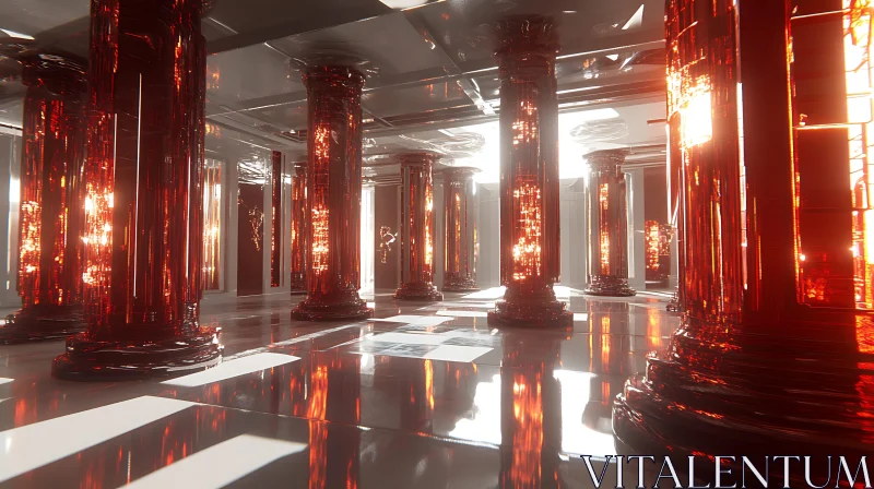 AI ART Glowing Red Columns in a Reflective Space