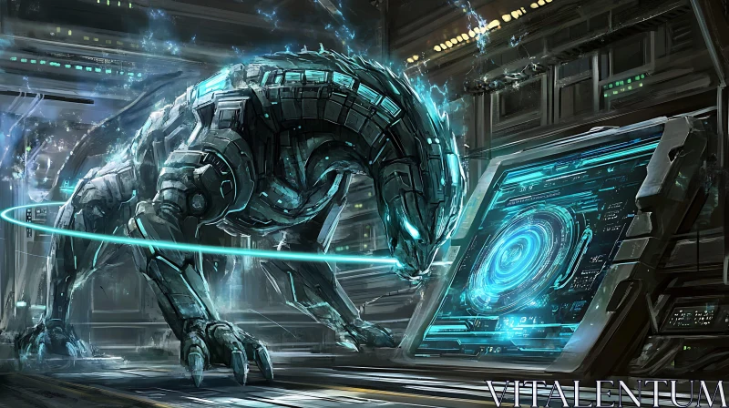 Neon-Lit Cybernetic Creature in Futuristic Setting AI Image