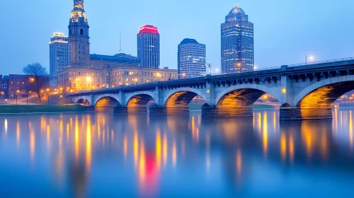 Twilight Urban Landscape with Reflections on River