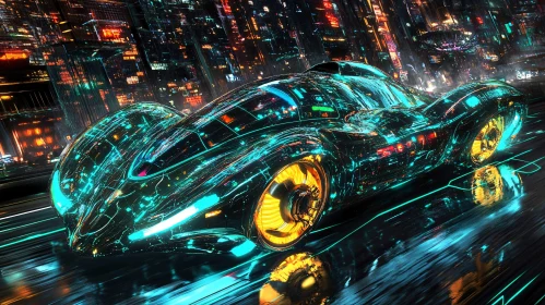 High-Tech Neon Car Zooms Through Futuristic City