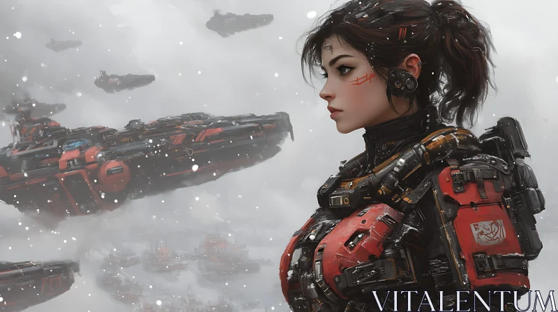 Snowy Battlefield with Advanced Technology and Female Warrior AI Image