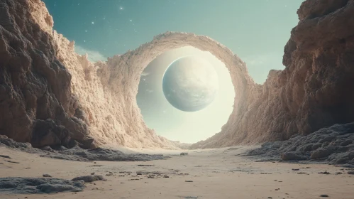 Planet Through Rocky Arch in Desert