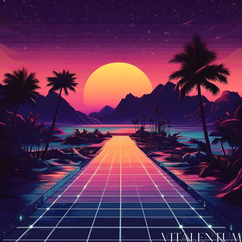 Retro-Futuristic Sunset Landscape AI Image