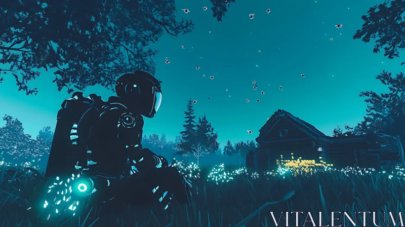 AI ART Luminescent Robot in a Teal Forest Night