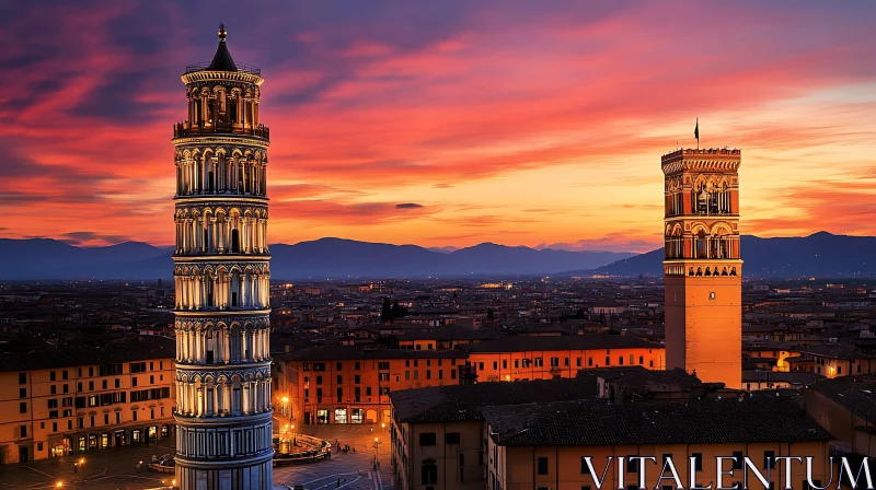 Historic Towers during a Vibrant Sunset AI Image