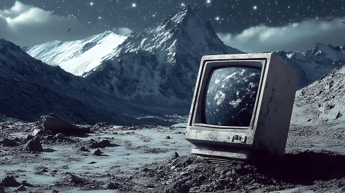 Vintage Monitor in Mountain Landscape Under Starry Sky