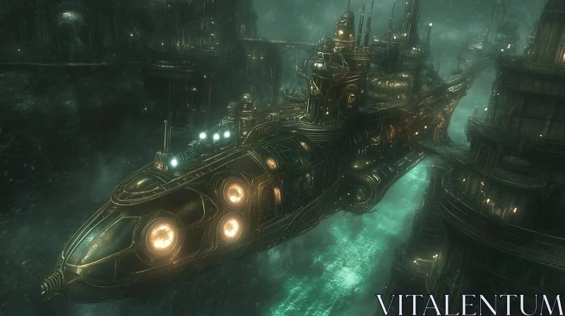 Enigmatic Submarine in an Underwater Metropolis AI Image