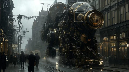 Victorian Steampunk Train in Rainy City