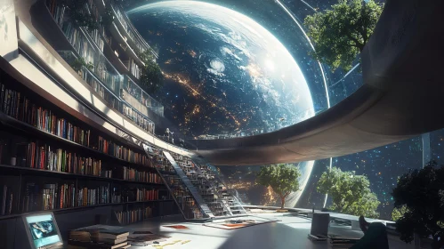 Modern Space Library with Earth View