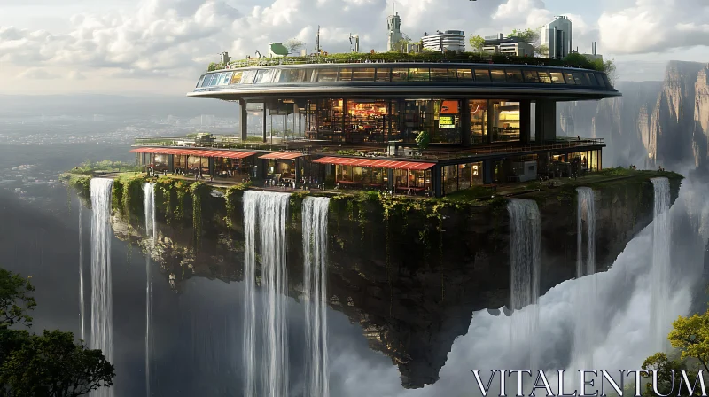 AI ART Sky Island Urban Concept with Waterfalls and Modern Architecture