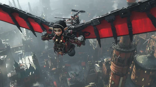 Cyberpunk Elf Flying Over Futuristic City