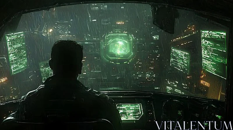 Cyberpunk Pilot's View in a Futuristic City AI Image