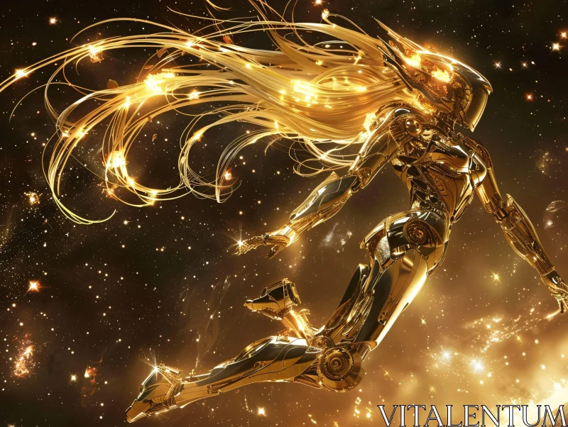 AI ART Stellar Flight of the Golden Cyborg