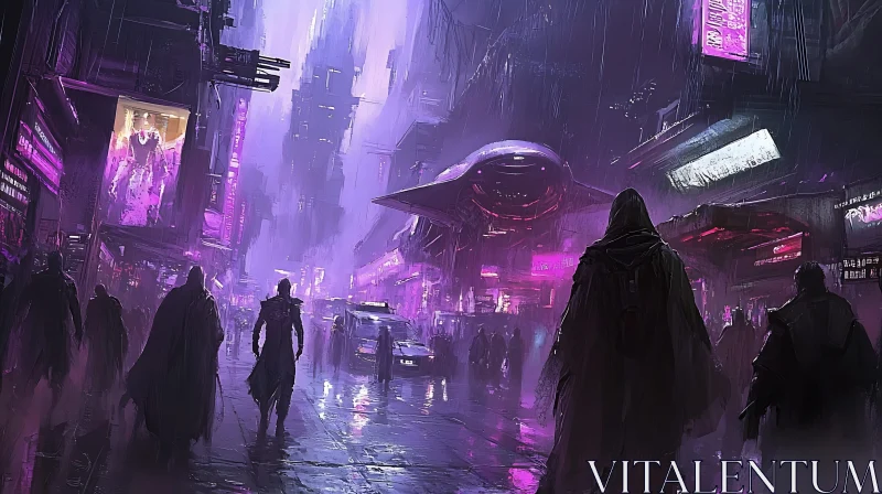 Neon City with Cloaked Figures AI Image