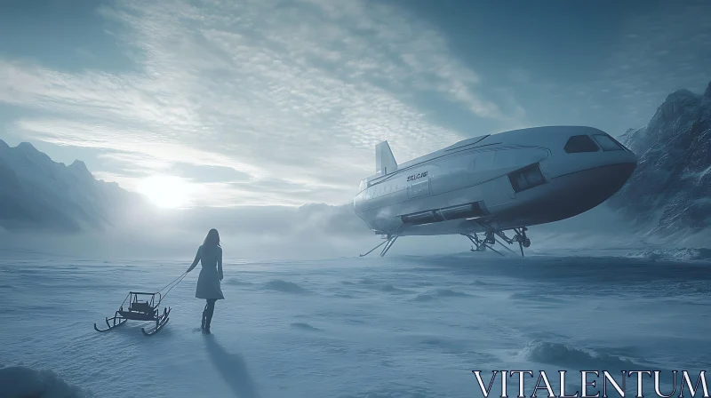 Snowy Landscape with Woman, Sledge, and Futuristic Spaceship AI Image