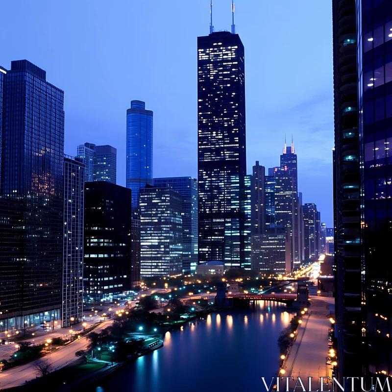 AI ART Illuminated Skyscrapers and River at Night