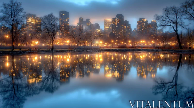 Serene City Evening with Reflections AI Image