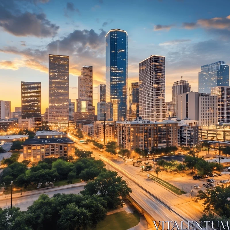 AI ART Sunset Cityscape with Tall Skyscrapers and Streets Lit Up