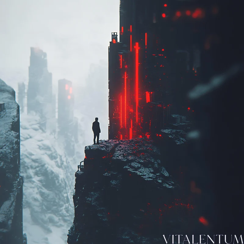 Lonely Figure on Snowy Cliff with Illuminated Red Structure AI Image