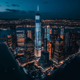 Nighttime Aerial Cityscape with Bright Skyscrapers