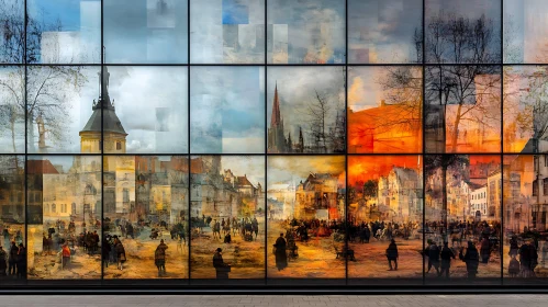 Multicolored Cityscape on Glass Panels