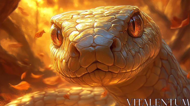 Fiery-eyed Snake Amid Autumn Leaves AI Image