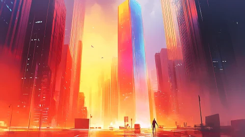 Vivid Sunset in a Futuristic Cityscape